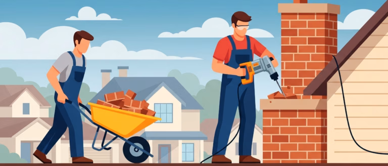 two workers removing a chimney from a home