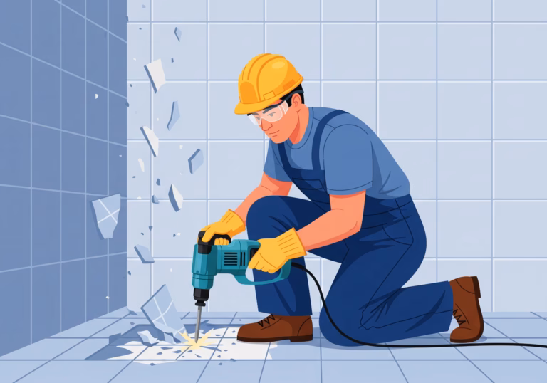 demolition worker removing bathroom tile