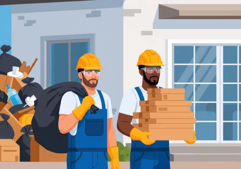 two coworkers caring junk away from a job site