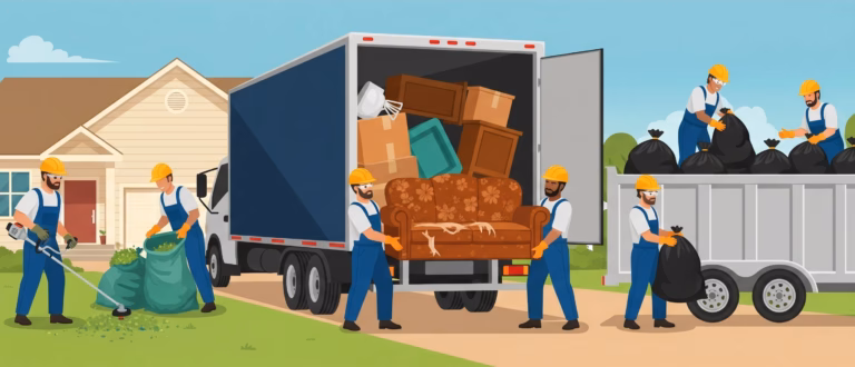 Bay Area Demo and Hauling employees loading a truck with old furniture and yard brush from a home