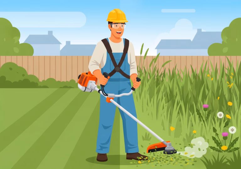 man using a weed eater to clear yard brush