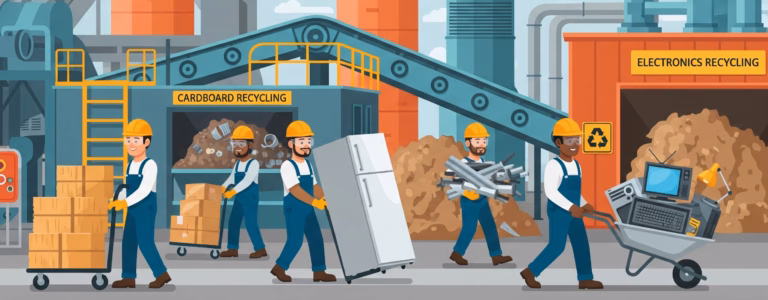 five workers recycling cardboard, electronics and scrap metal