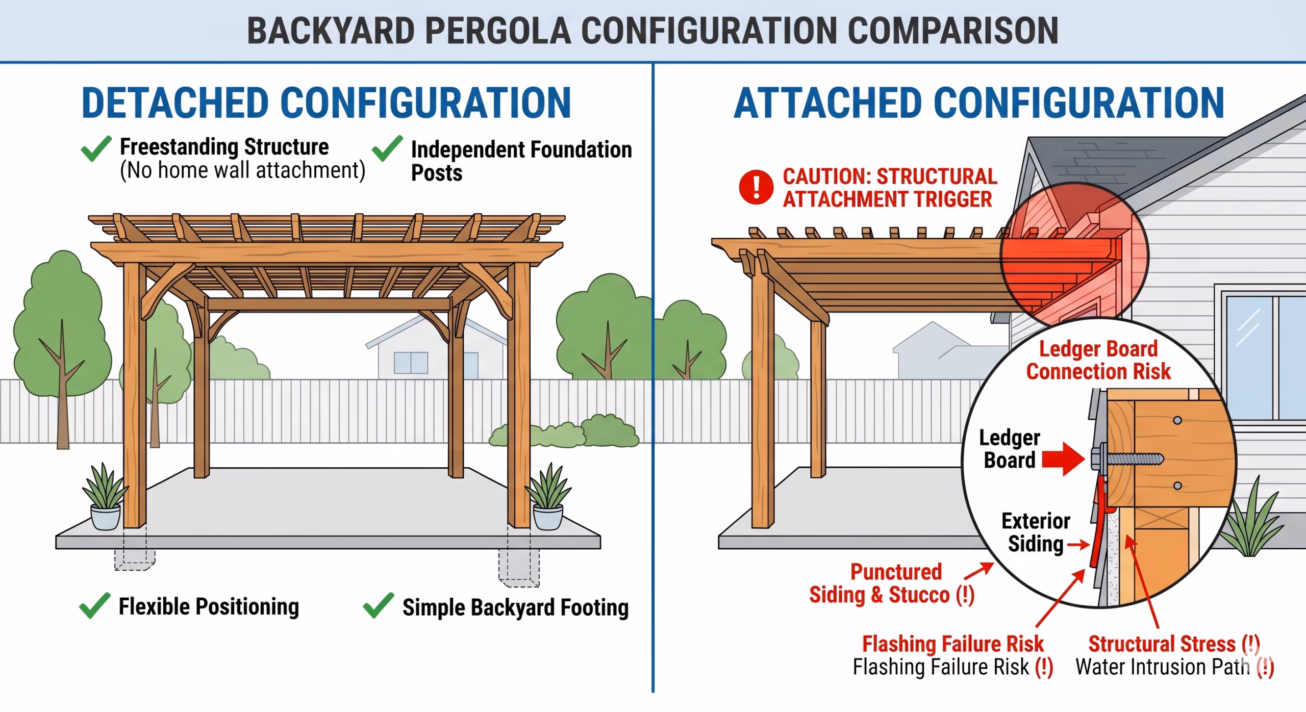 Attached vs detached backyard pergola removal styles in San Jose