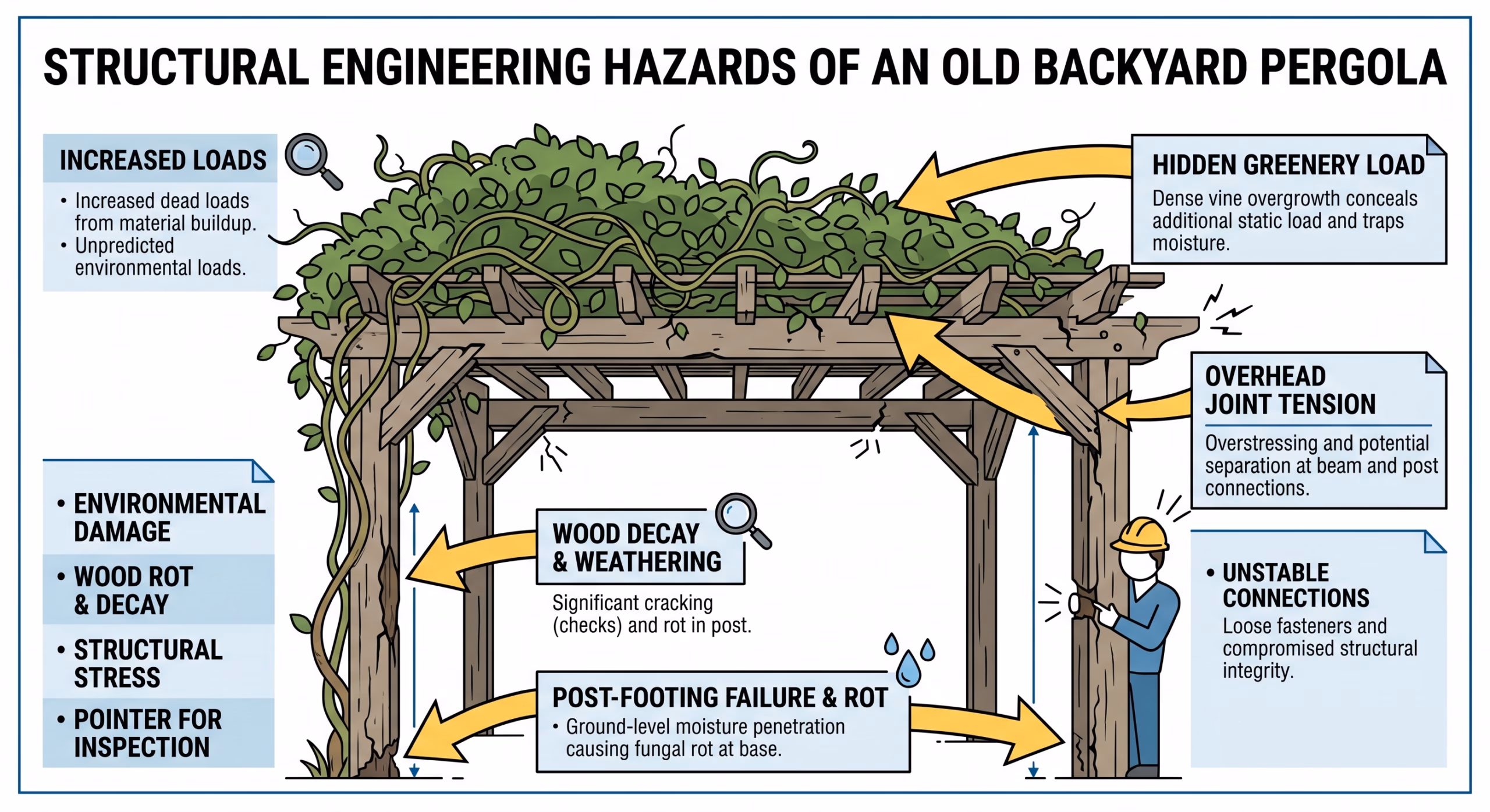 Old pergola removal showing overhead tension and vine growth in San Jose
