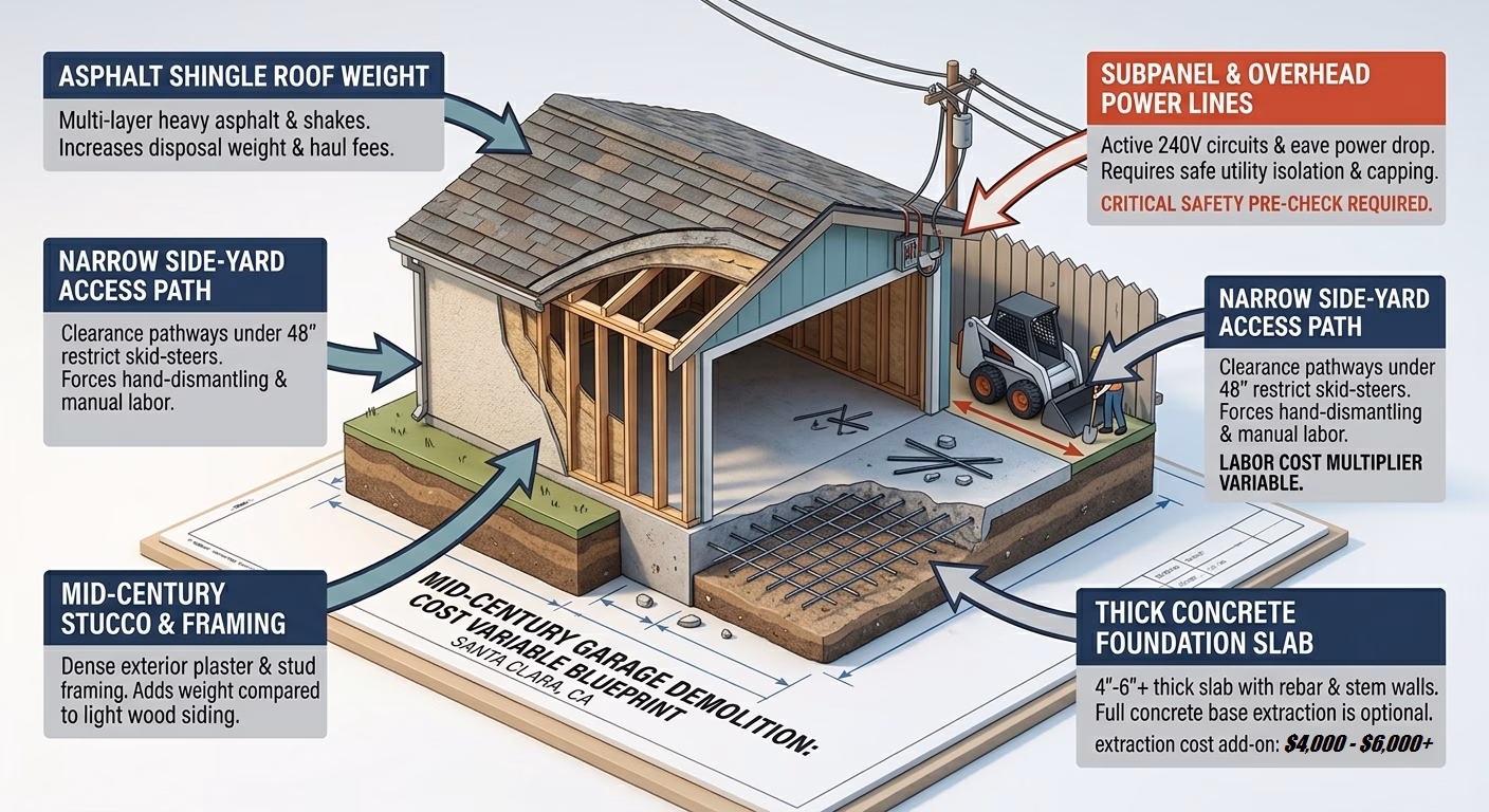 3D architectural diagram illustrating mid-century garage demolition cost factors in Santa Clara, highlighting roof shingle weight, stucco framing, narrow side-yard access, overhead power drops, and concrete foundation thickness.